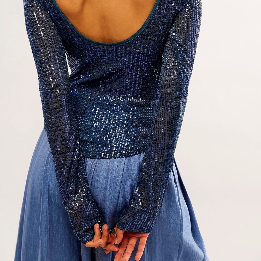 Free People Unapologetic Sequin Long Sleeve Varsity Navy Multiple Sizes - Picture 3 of 8